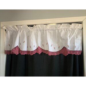 White Cotton Valance With Pink Crocheted Trim & Embroidered Flowers 60"W X 18"L